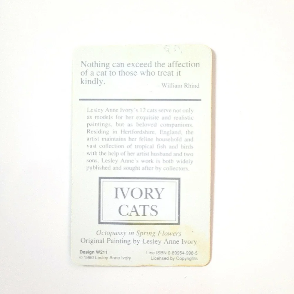 Vintage 90s Lesley Ivory Cats Card Bookmark- Octopussy Flowers 1990 Antioch W211